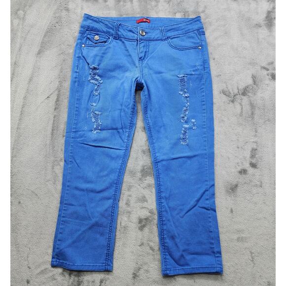 Bongo Jeans Womens 11 Juniors Blue Distressed Skinny Crop Capri Stretch Denim - Picture 1 of 14